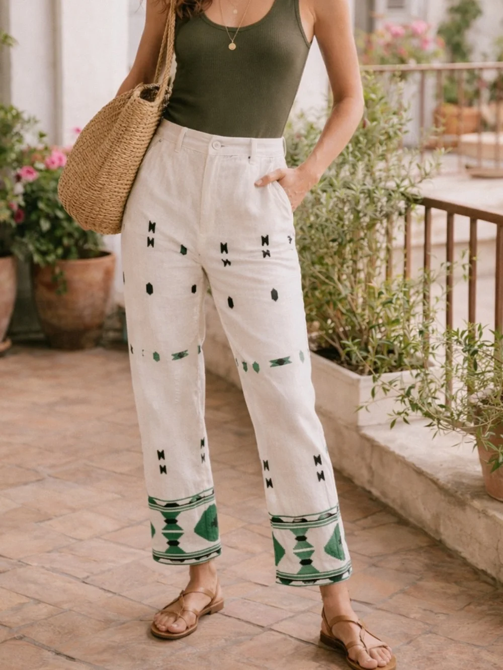 Zara Linen-Blend Embroidered Pants Size XS